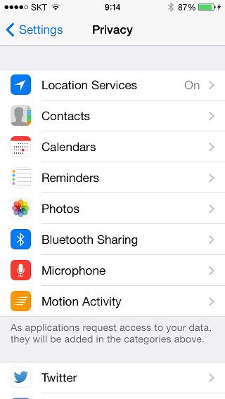 Screen capture of iPhone 5S privacy settings